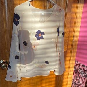 LC Lauren Conrad White and Blue Blouse with Rounded Neckline